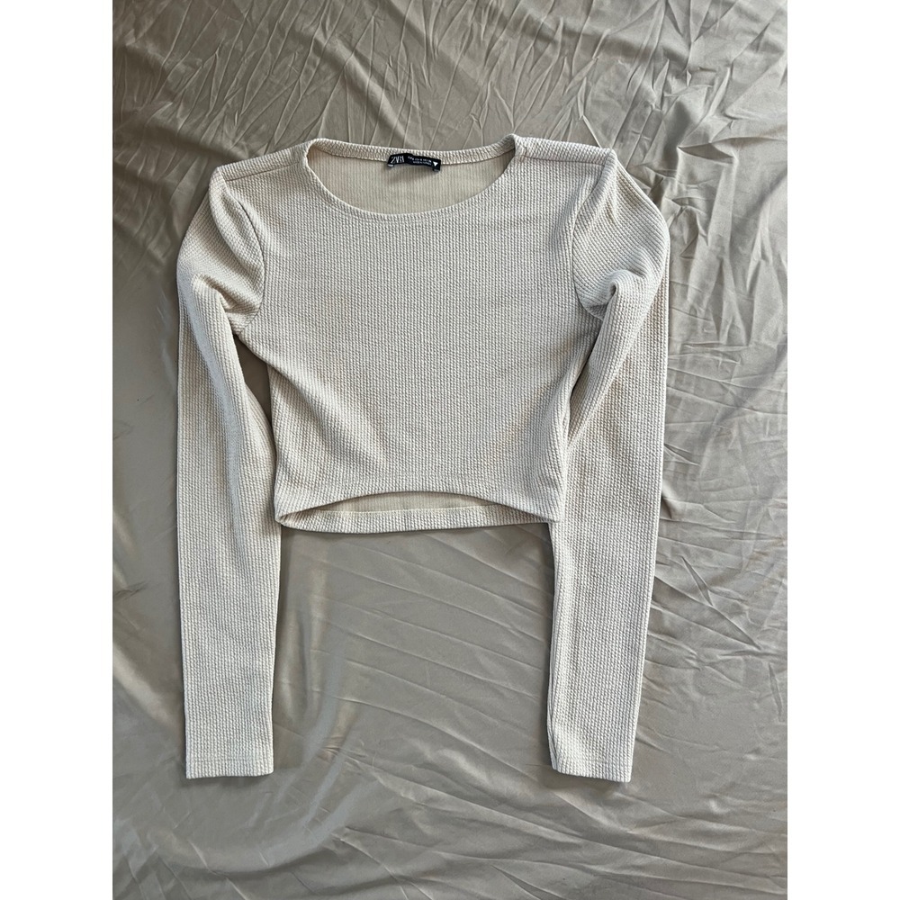 Zara Textured Cropped Long Sleeve Top Cream Size Small Minimalist